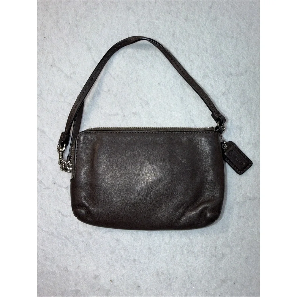 Coach Chocolate Brown Silver Front Logo Leather 2 Compartment Wristlet